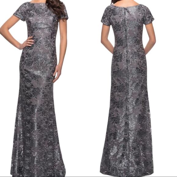La Femme Floral Evening Dress in Gunmetal Gray - Picture 1 of 13